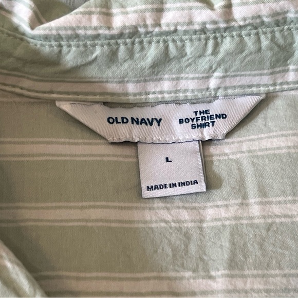 Old Navy Boyfriend Shirt, Sage and White Stripe - Picture 3 of 8